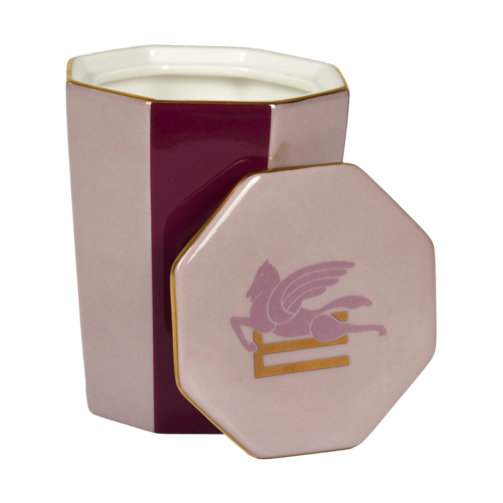 ETRO HOME Pegaso candle in a pink and burgundy octagonal case