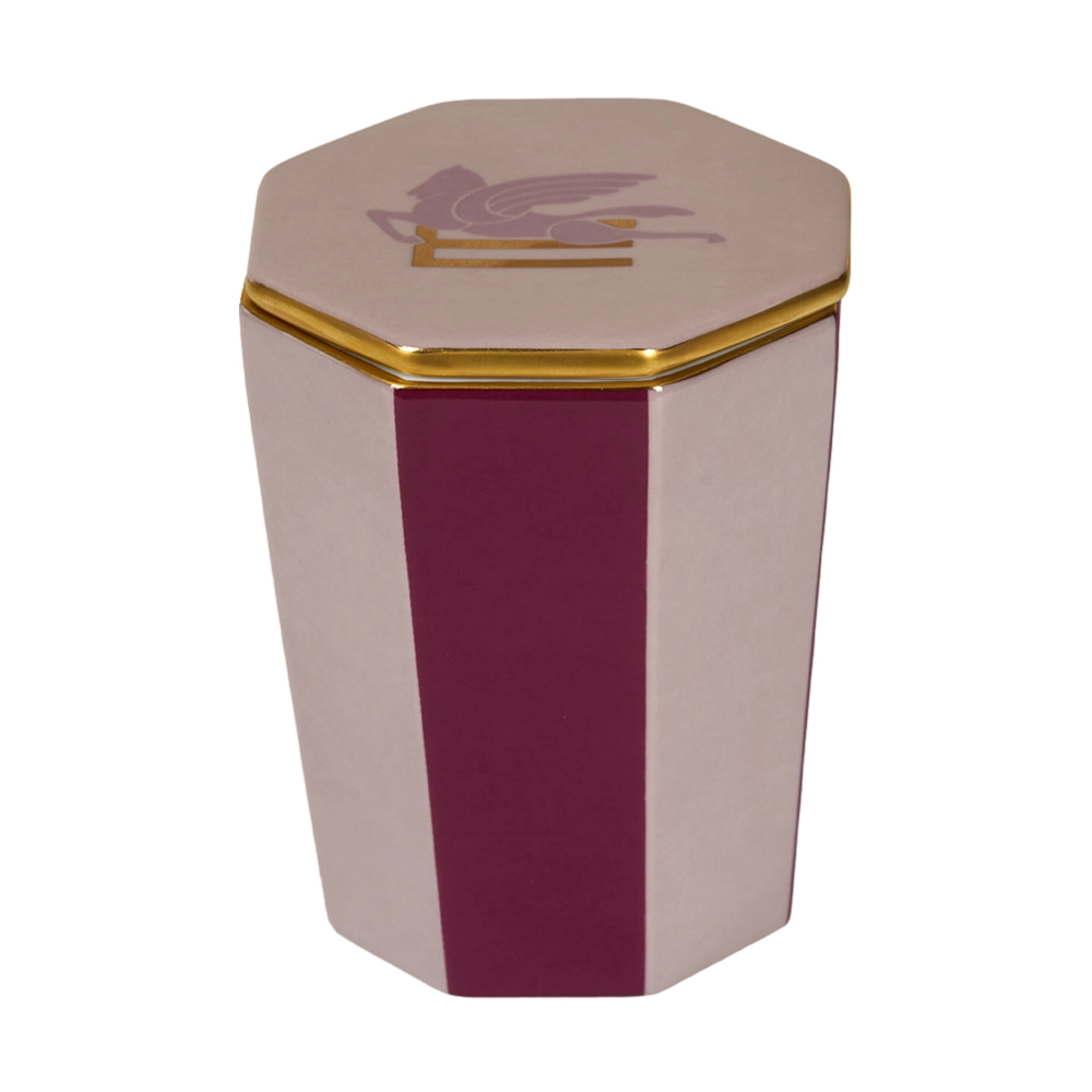 ETRO HOME Pegaso candle in a pink and burgundy octagonal case