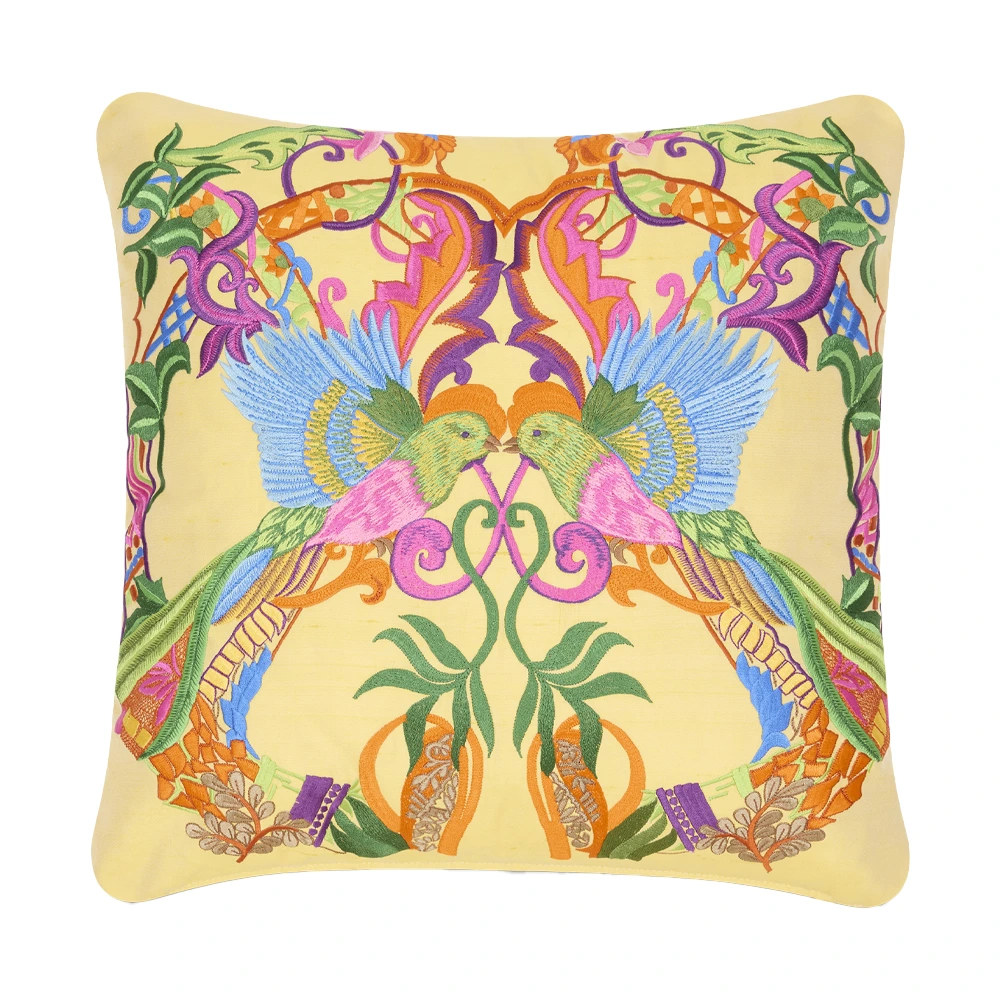 ETRO HOME Birds embroidered cushion in yellow with a tropical bird and foliage design