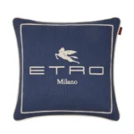 ETRO HOME Emila cushion in navy blue with an embroidered ETRO Milano logo and piped edge