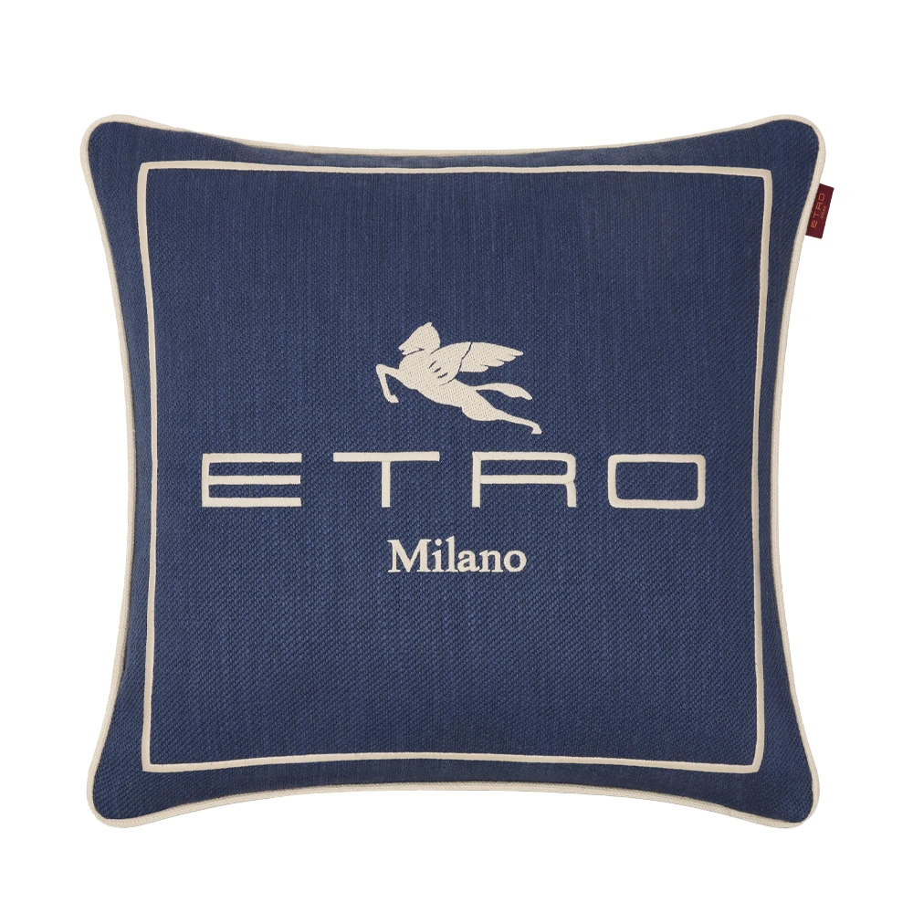 ETRO HOME Emila cushion in navy blue with an embroidered ETRO Milano logo and piped edge