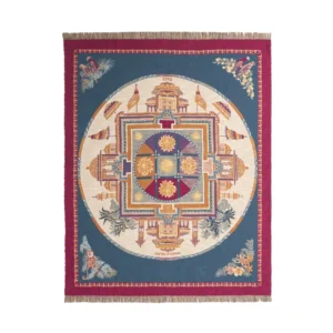 ETRO HOME Shanti throw in teal blue with a red and gold Italian pattern and fringed edge