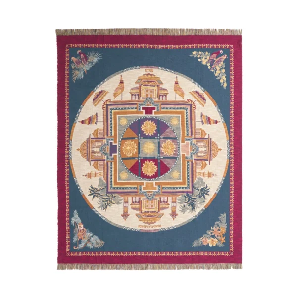 ETRO HOME Shanti throw in teal blue with a red and gold Italian pattern and fringed edge