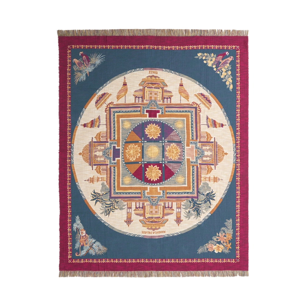 ETRO HOME Shanti throw in teal blue with a red and gold Italian pattern and fringed edge