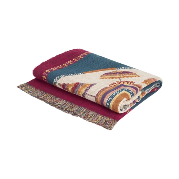 ETRO HOME Shanti throw in teal blue with a red and gold Italian pattern and fringed edge