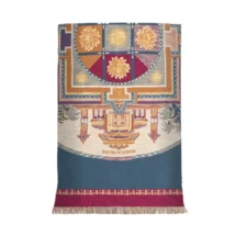 ETRO HOME Shanti throw in teal blue with a red and gold Italian pattern and fringed edge
