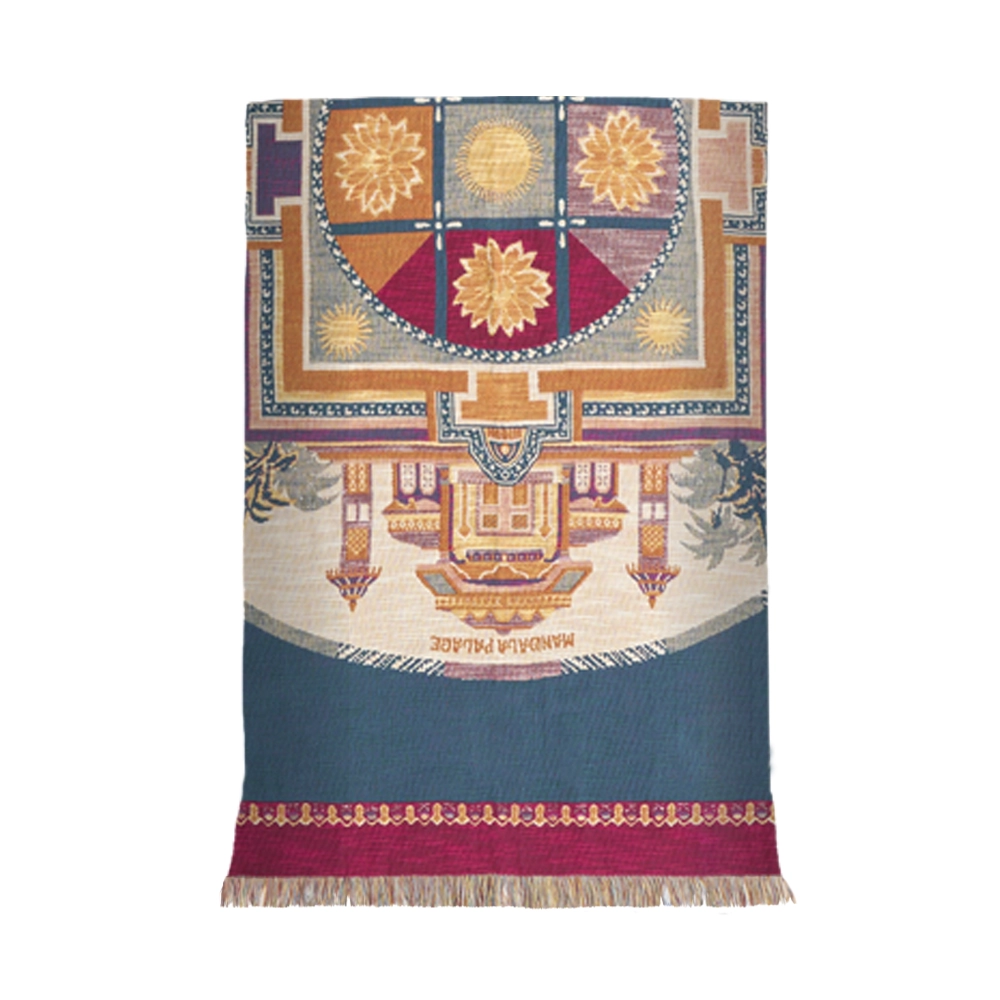 ETRO HOME Shanti throw in teal blue with a red and gold Italian pattern and fringed edge