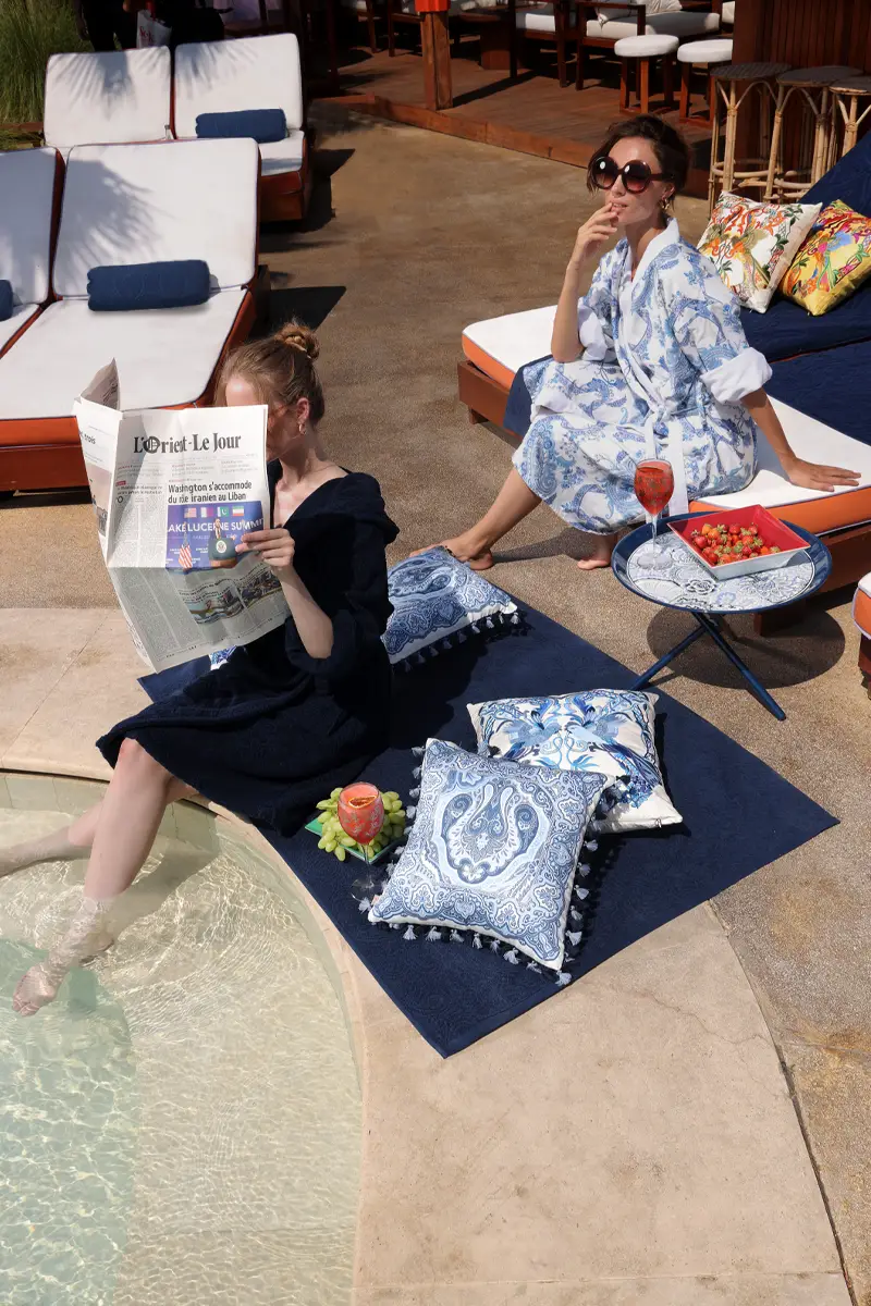 1980s resort glamour styling with ETRO HOME paisley cushions in Beirut