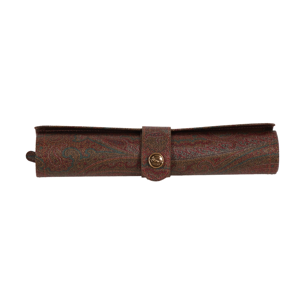 ETRO HOME Arnica travel backgammon set in brown leather, rolled out with playing counters