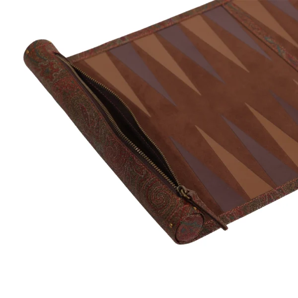 ETRO HOME Arnica travel backgammon set in brown leather, rolled out with playing counters