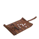 ETRO HOME Arnica travel backgammon set in brown leather, rolled out with playing counters