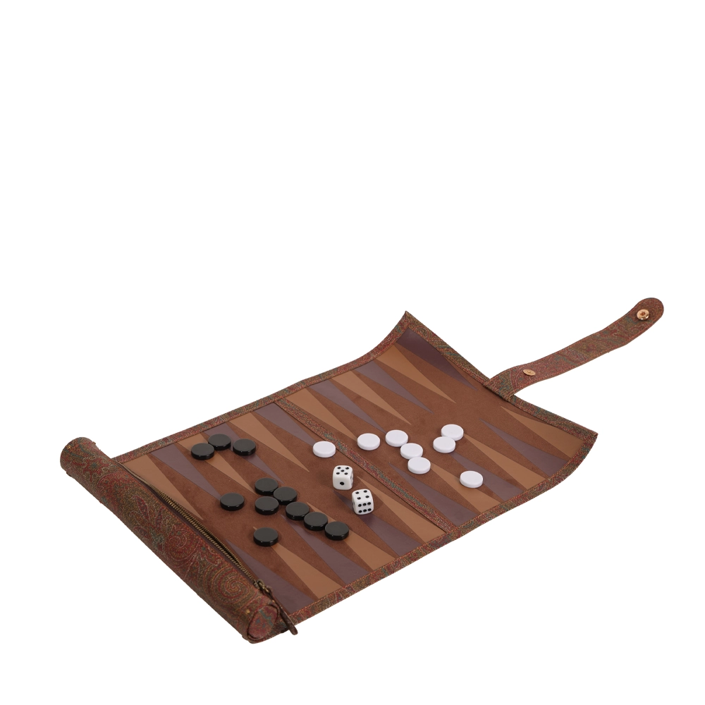 ETRO HOME Arnica travel backgammon set in brown leather, rolled out with playing counters
