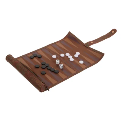 Leather roll-up backgammon set with playing counters