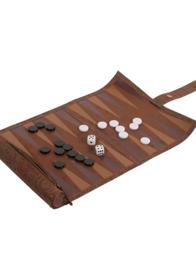 Leather roll-up backgammon set with playing counters