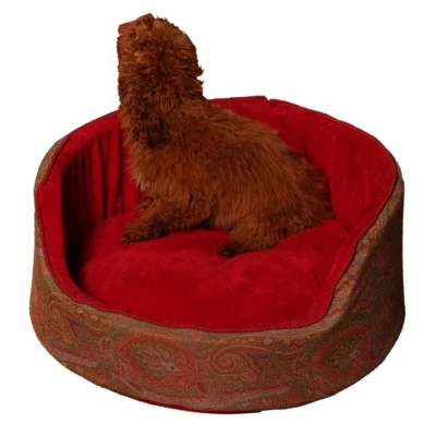 Luxury pet bed in red velvet with woven trim